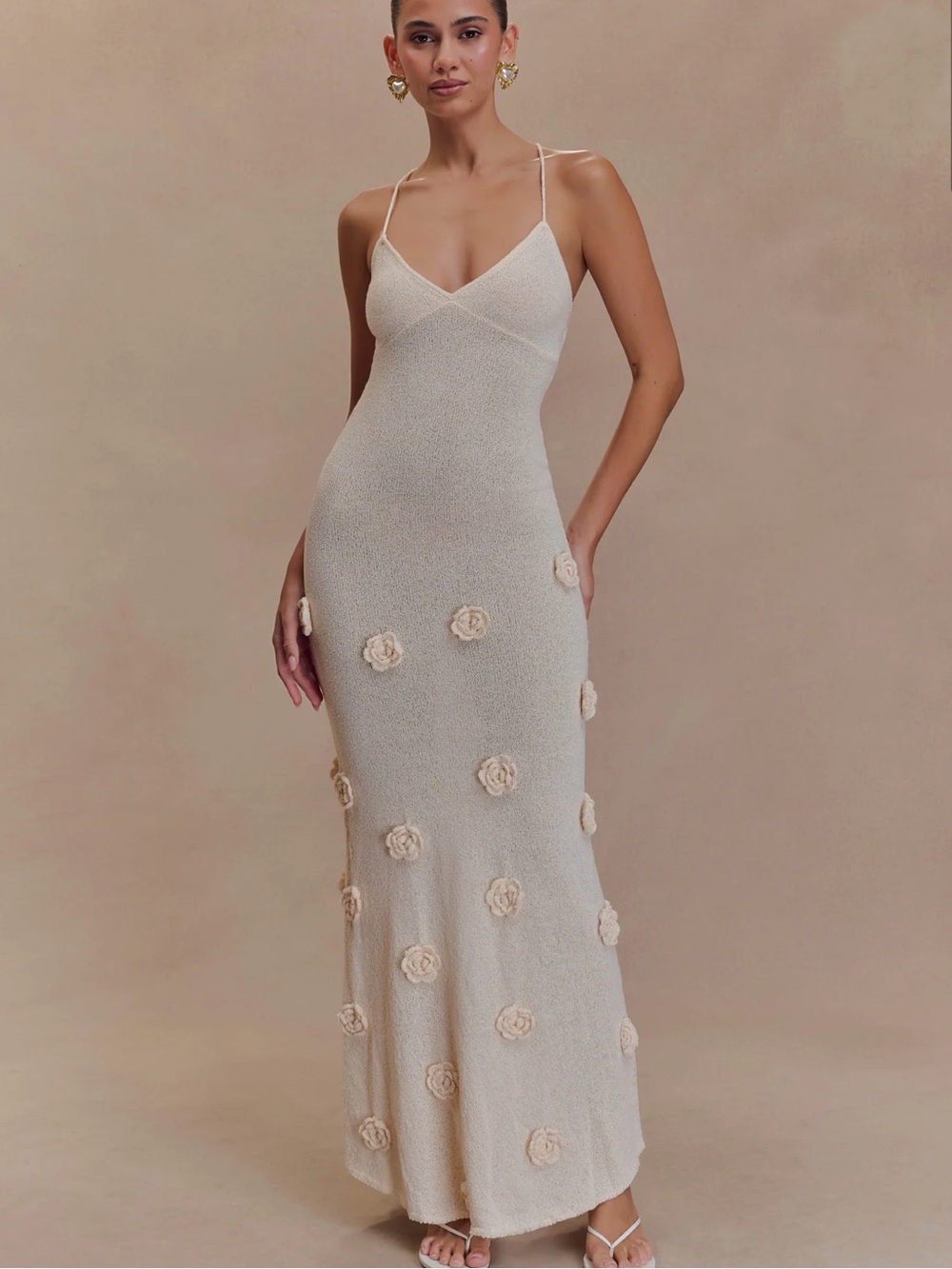 Suki Knit Maxi Dress with Flowers - Nude
